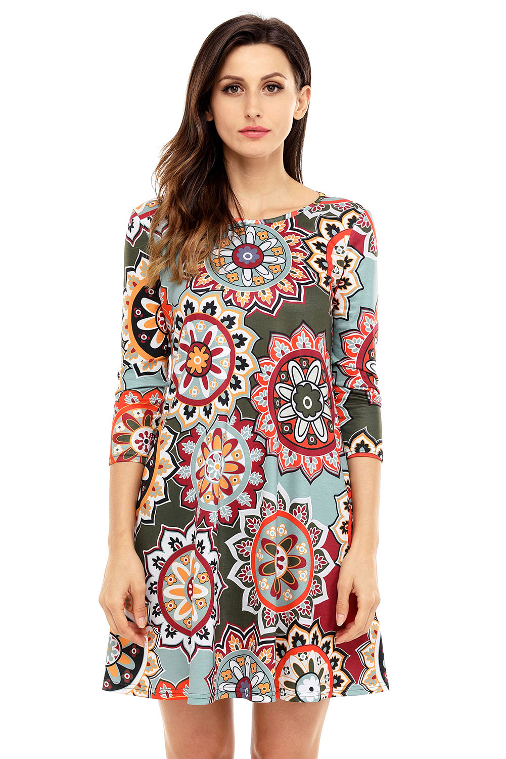 BY220051-9  Dress Sunflower Print Round Neck Long Sleeve Loose Sexy Mini Dresses